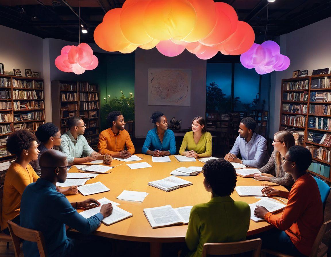 A diverse group of people sitting around a circular table, immersed in a lively discussion with illustrated thought bubbles displaying various perspectives. Vibrant books and papers scattered across the table, symbolizing narratives. A warm, inviting background suggesting a cozy, intellectual atmosphere with soft lighting. Incorporate elements that reflect different cultures and ideas. digital art. vibrant colors.