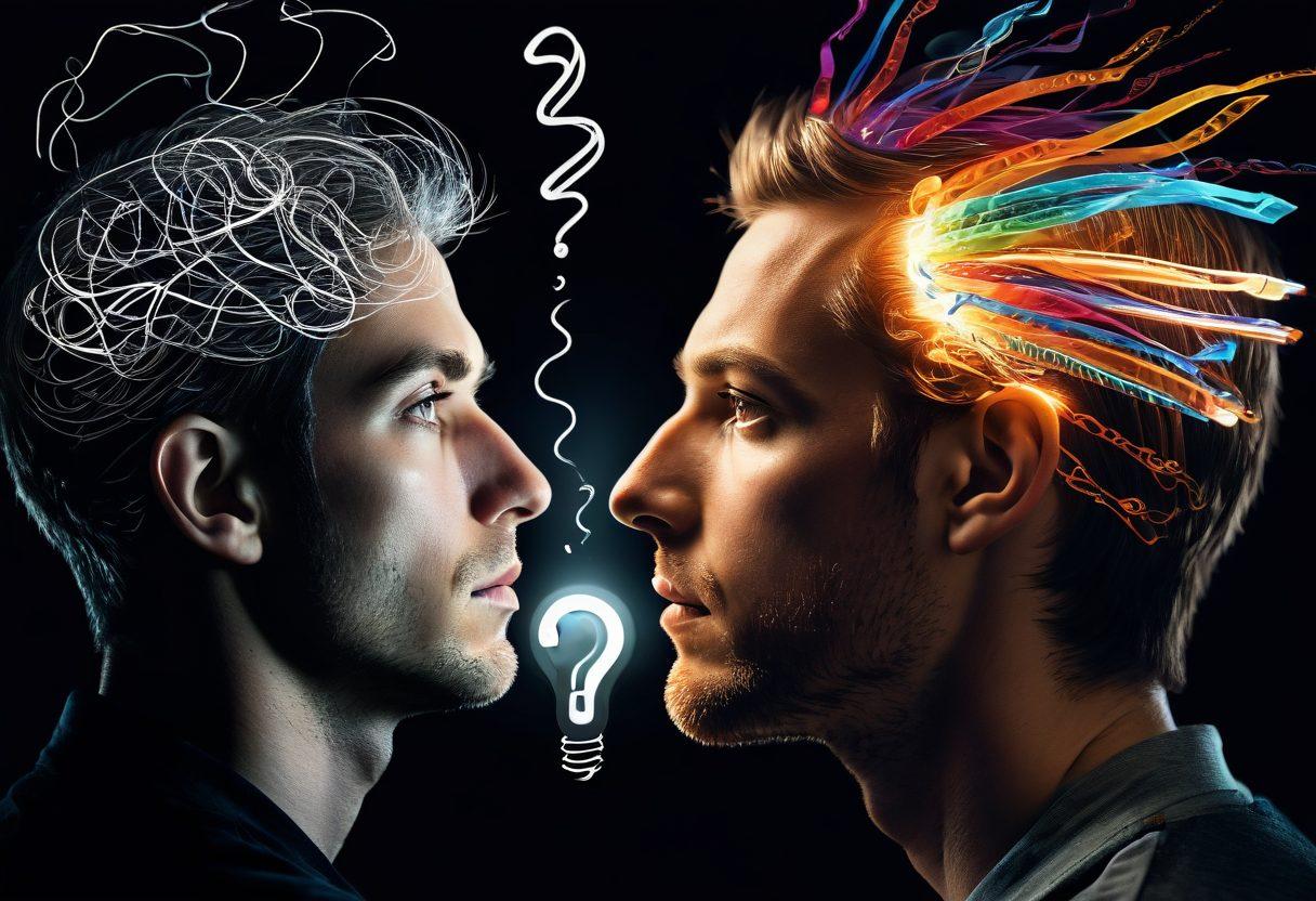 A split image showcasing two contrasting perspectives: one half depicting a person deep in thought, surrounded by swirling question marks, and the other half displaying a bright lightbulb symbolizing understanding with arrows pointing from various books and articles. The background should have a soft gradient depicting transition from darkness to light. super-realistic. vibrant colors. 3D.