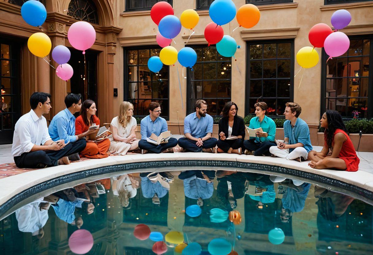 A dynamic scene depicting a diverse group of individuals engaged in a lively debate, surrounded by colorful thought bubbles filled with storytelling imagery like books, quills, and digital devices. Incorporate elements of reflection, such as mirrors or water, symbolizing introspection. The background should be a warm, inviting environment, blending modern and classic styles. Use vibrant colors and a storybook feel to evoke creativity. super-realistic. vibrant colors.